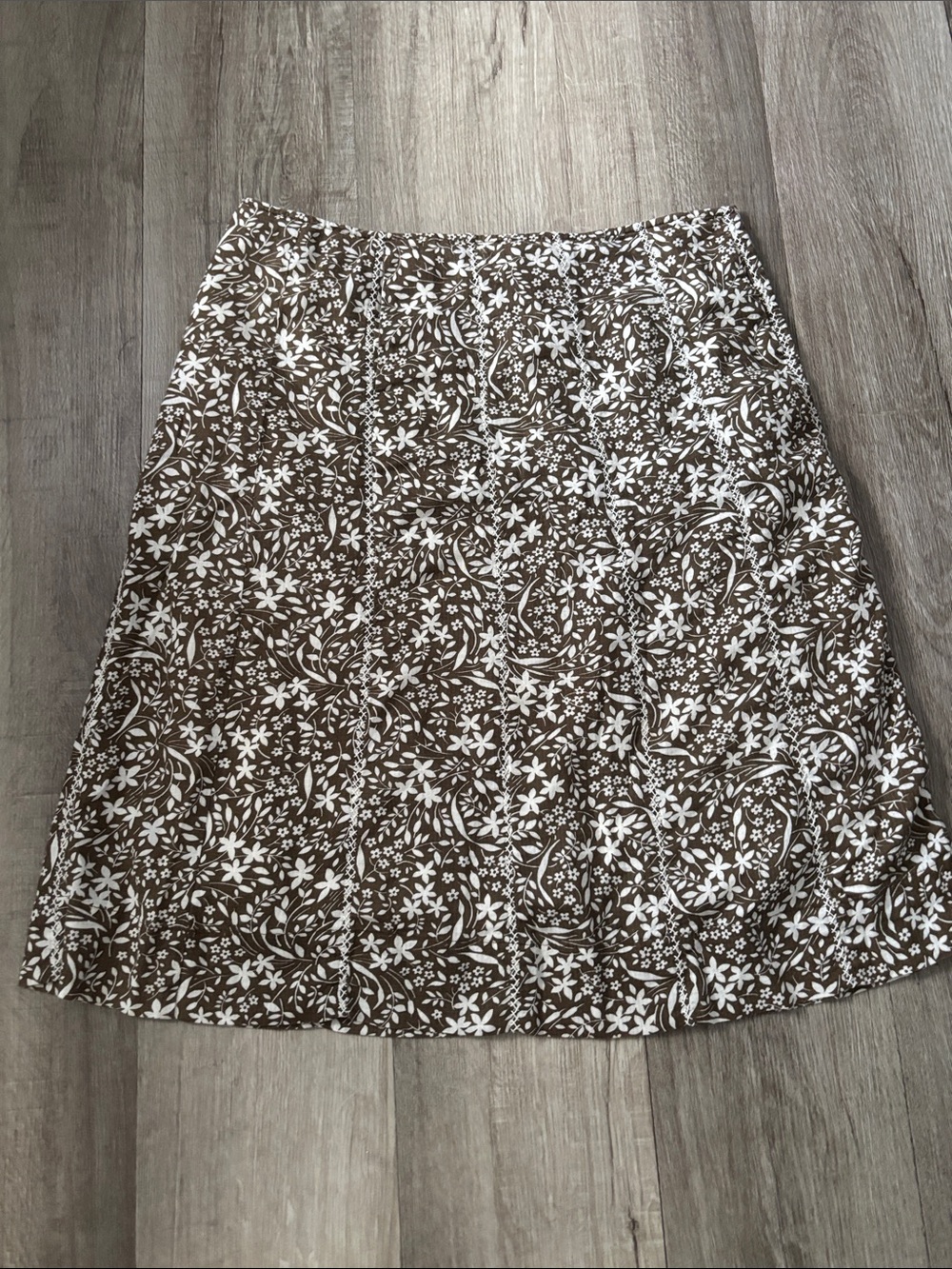 Vintage Eddie Bauer A-line floral skirt brown white paneled gored cotton linen